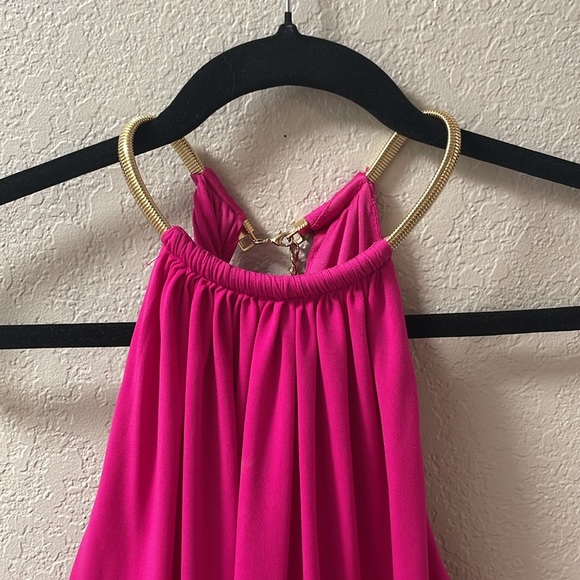 Jessica Simpson Hot Pink Halter Mini Dress with Gold Chain Necklace - Picture 2 of 5